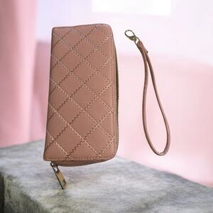 Faux Leather Squared Pattern Pink Wallet with Wrist Strap